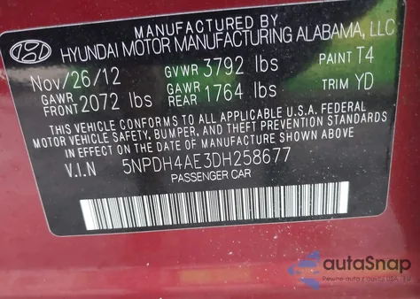 2013 Hyundai Elantra Gls z USA, uszkodzony, nr VIN 5NPDH4AE3DH258677